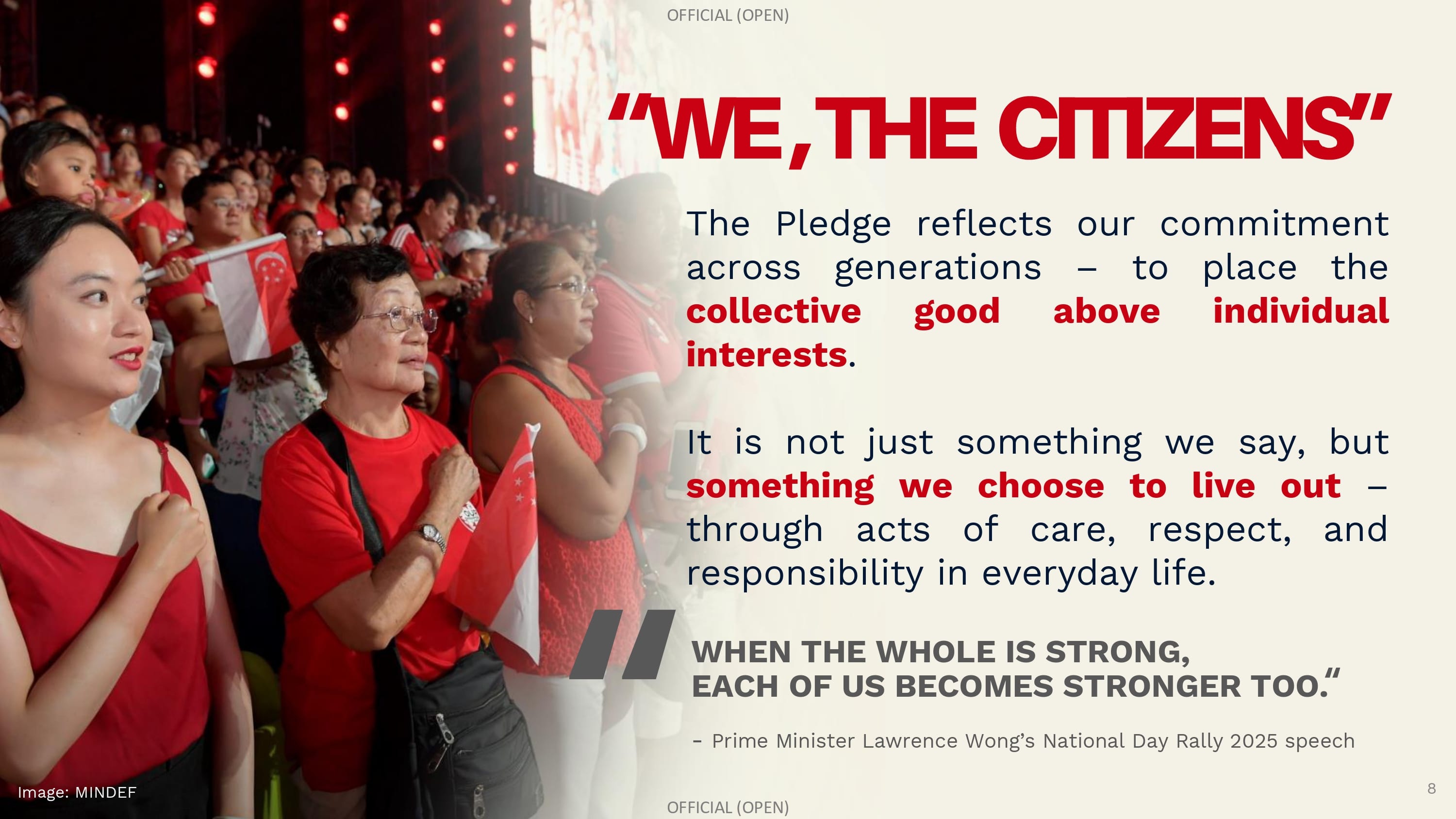 Slide quote from Prime Minister Lawrence Wong's National Day Rally 2025 speech over a photo of National Day Parade spectators.